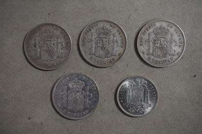 null Cinq pièces de cinq pesetas en argent (Poids Total: 114grs)