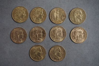 null Dix pièces de vingt francs français en or (Poids Total: 64grs)