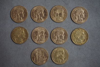 null Ten pieces of twenty French francs in gold Weight Total: 65grs