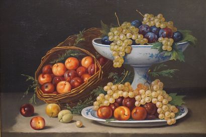 SARIO "Nature morte aux fruits", huile sur toile, sbd. 50x61 cm