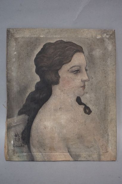 TOSHIO BANDO "Portrait de femme", huile sur toile marouflée sur carton, sbg. 21x18...