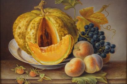 PREJAN "Melon, pêches et raisins", huile sur toile, sbg, daté 1887. 38x46,5 cm