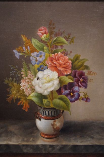 PREJAN "Bouquet", huile sur toile, sbg, daté 1885. 41x32,5 cm