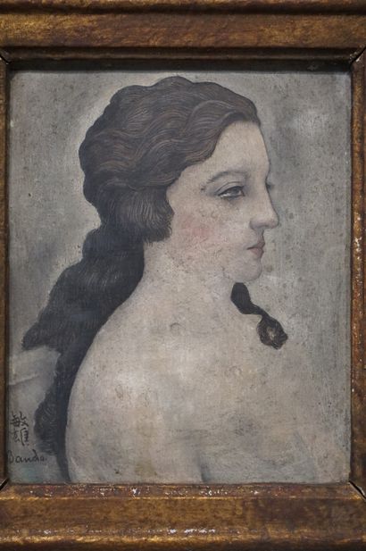 TOSHIO BANDO "Portrait de femme", huile sur toile marouflée sur carton, sbg. 21x18...