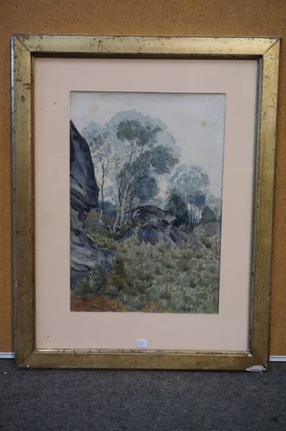 HARPIGNIES Henri 
"Forêt" Aquarelle, signée en bas à droite (Rousseurs). 35,5 x 24,5...