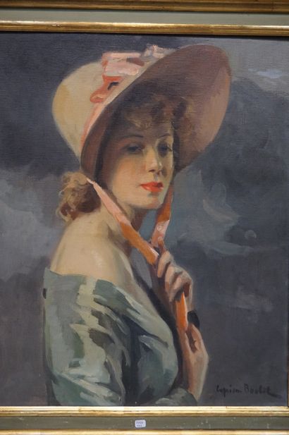 Cyprien BOULET "Jeune femme au chapeau", huile sur toile, sbd. 65x54 cm