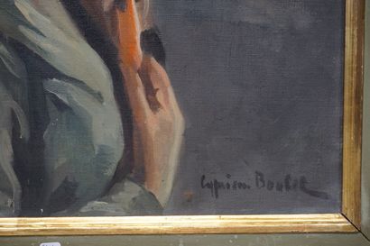 Cyprien BOULET "Jeune femme au chapeau", huile sur toile, sbd. 65x54 cm