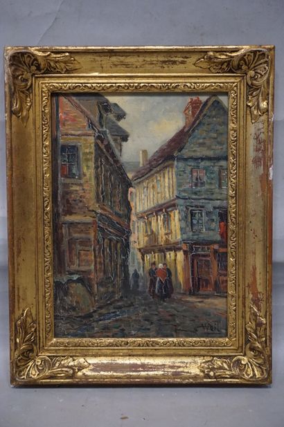 WEIL "Rue de la poissonnerie à Saint Valery-en-Caux ", huile sur panneau, sbd. 33x24...