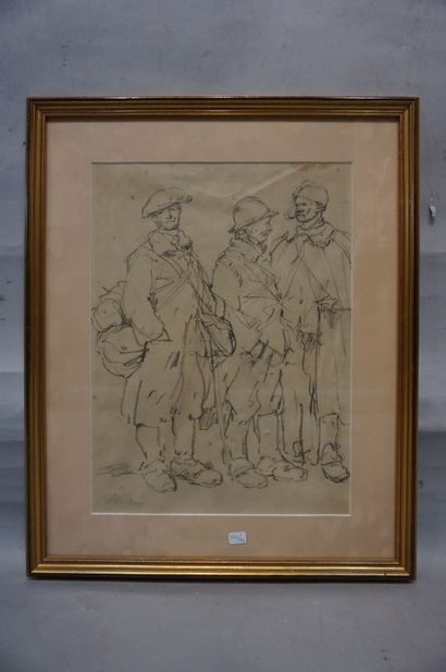 Bernard NAUDIN "Trois soldats", crayon, sbg (taché). 36x26,5 cm