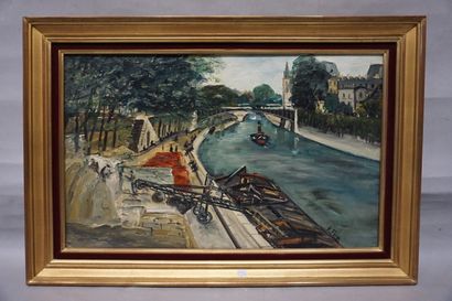 Pierre FARGE "Quai de scène", huile sur toile, sbd. 38x61 cm