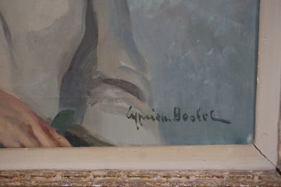 Cyprien BOULET "Jeune femme au bouquet", huile sur toile, sbd (accident). 65x55 ...