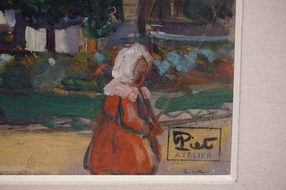 Fernand PIET "Enfant au parc", huile sur isorel, cachet d'atelier. 19,5x31 cm