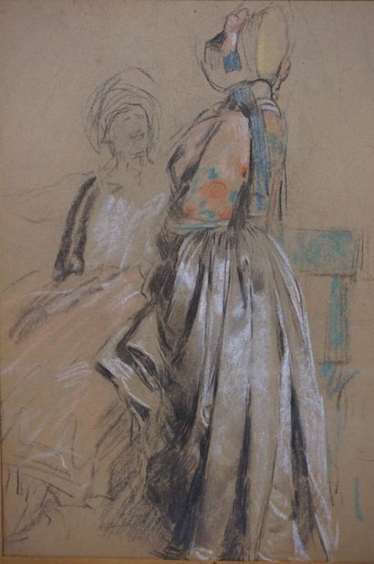 Antoine CALBET (1860-1944) "Elégante à la cape rayée" et "Deux femmes", pastel double...
