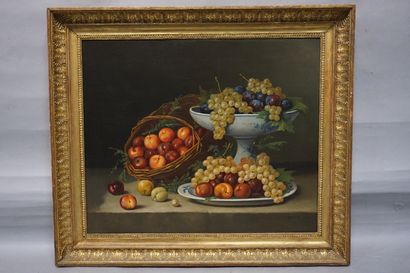 SARIO "Nature morte aux fruits", huile sur toile, sbd. 50x61 cm
