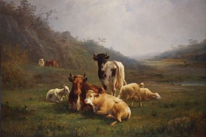 A.CORTES "Vaches, moutons et chèvre", huile sur toile, sbg. 64x80 cm