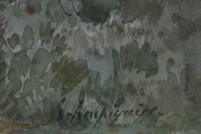 HARPIGNIES Henri 
"Forêt" Aquarelle, signée en bas à droite (Rousseurs). 35,5 x 24,5...