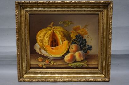 PREJAN "Melon, pêches et raisins", huile sur toile, sbg, daté 1887. 38x46,5 cm