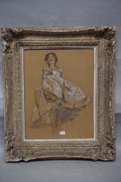 Antoine CALBET (1860-1944) "Elégante à la robe blanche", pastel. 31x23,5 cm