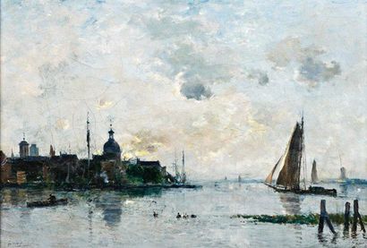 null Charles
LAPOSTOLET
(1824-1890) :
« La Meuse
à Dordrecht »,
hst, 38 x 56 cm