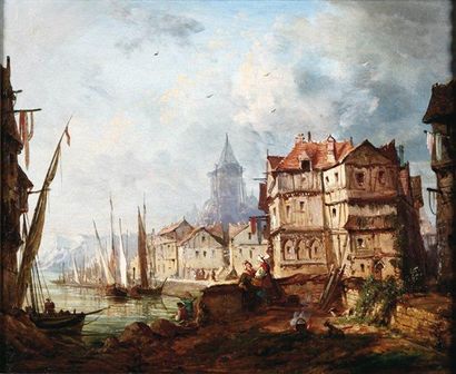 null Alexandre DEFAUX
(1826-1900) :
« Scène de port »,
hst, 38 x 46 cm