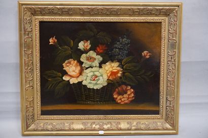 null "Panier de fleurs", huile sur bois. 40x49,5 cm