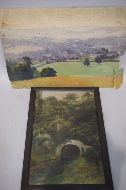 null Deux huiles : "Village" par E. Pail (29x41 cm - accidents) et "Pont à Arcueil"...