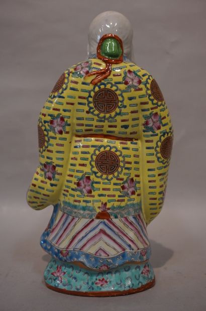 null "Homme barbu à la canne" en porcelaine chinoise polychrome. 33 cm