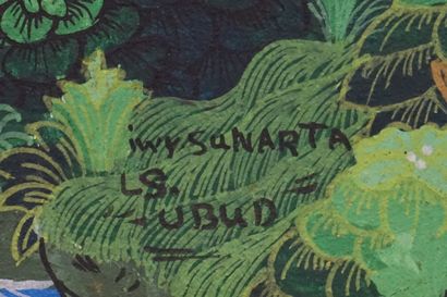 Iwi Sunarta "Personnages dans la forêt", école Dubud, huile sur toile, sbm. 63x84...