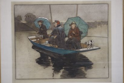 null D'après Cecil Aldin : "Pêcheurs sur une barque", estampe. 49x58,5 cm