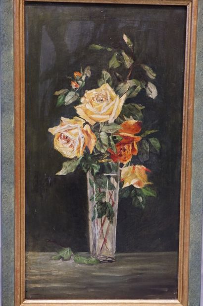 null "Bouquet de roses", huile sur toile. 65,5x35 cm