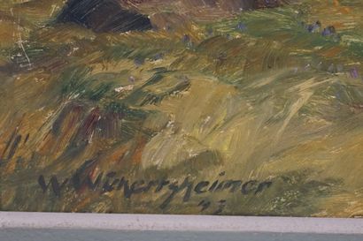 W. Wichertsteiner "Paysage de montagne Alpenflick", huile sur carton, sbg, daté 1943....