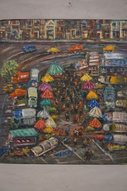 Warshaw "Place de marché", huile sur isorel, sbm. 50x45,5 cm