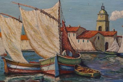 null "Voiles anciennes à Saint-Tropez", huile sur isorel, sbd, titré et daté 1952...