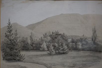 null "Village dans les collines", dessin, sbd, daté 1848. 19x28 cm