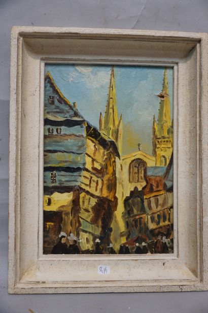null "Rue devant l'église", huile sur carton (accident). 30x21 cm