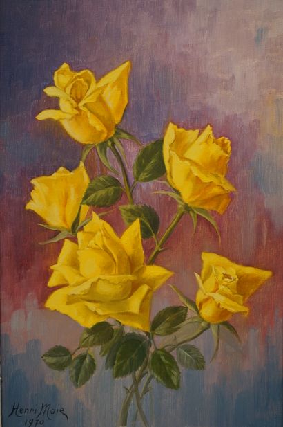 Henri Moie "Roses", huile, sbg, datée 1970. 37x26 cm