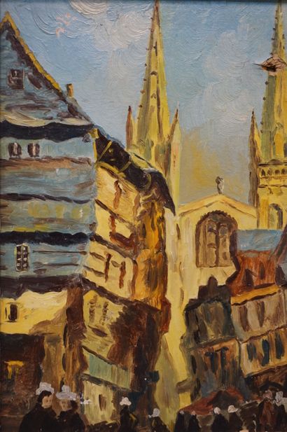 null "Rue devant l'église", huile sur carton (accident). 30x21 cm