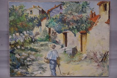 Ségoria "Promeneur dans un village", huile sur toile, sbg. 46x61 cm