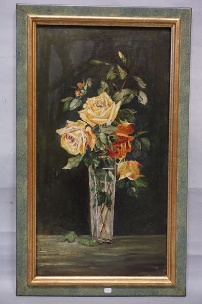 null "Bouquet de roses", huile sur toile. 65,5x35 cm