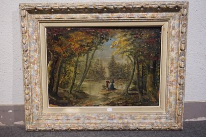 null "Couple dans la forêt", huile sur panneau (manques). 32x45 cm
