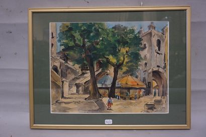 null "Place de village", aquarelle, annotée Robert Rolland au dos. 23x30 cm