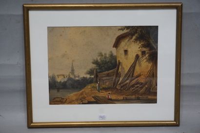null "Personnages sur une rive", aquarelle (rousseurs). 19x26 cm
