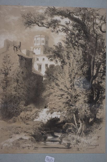null D'après A.Cassagne: "Le village et les bois", reproduction. 30x22 cm