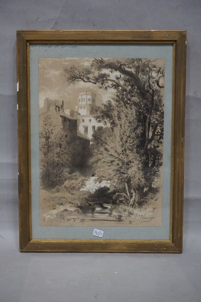 null D'après A.Cassagne: "Le village et les bois", reproduction. 30x22 cm