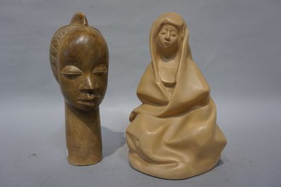 null Religieuse en résine et tête d'africaine en pierre (25 cm).