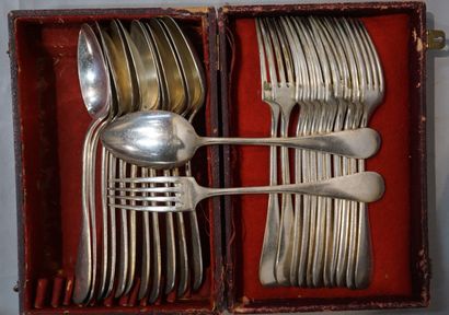 FRENAIS Set of twelve large metal spoons and twelve large metal forks.