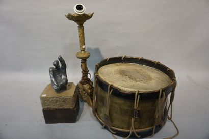 Pewter hand, drum and copper lamp.