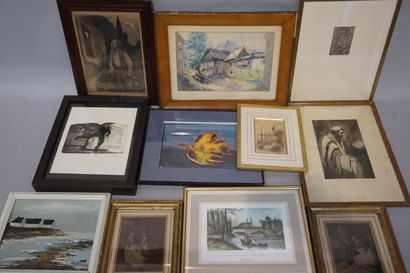 null Set of eleven framed pieces, watercolors, oils, lithographs and prints.