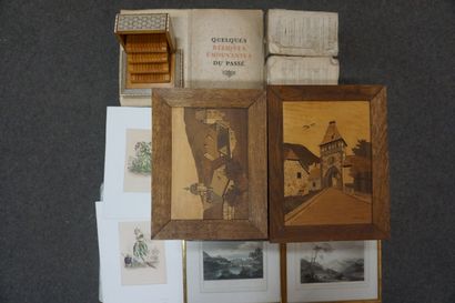 null Handle of prints, marquetry frames, cigarette case and two volumes "Moving Relics...