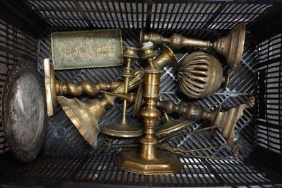 null Le Verrier brass handle, candle holders, tray, giraffe, bell and pocket.